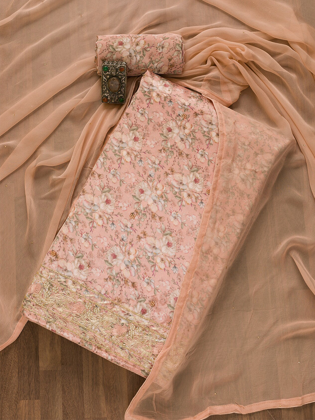 

Koskii Floral Printed Gota Patti Unstitched Dress Material, Peach