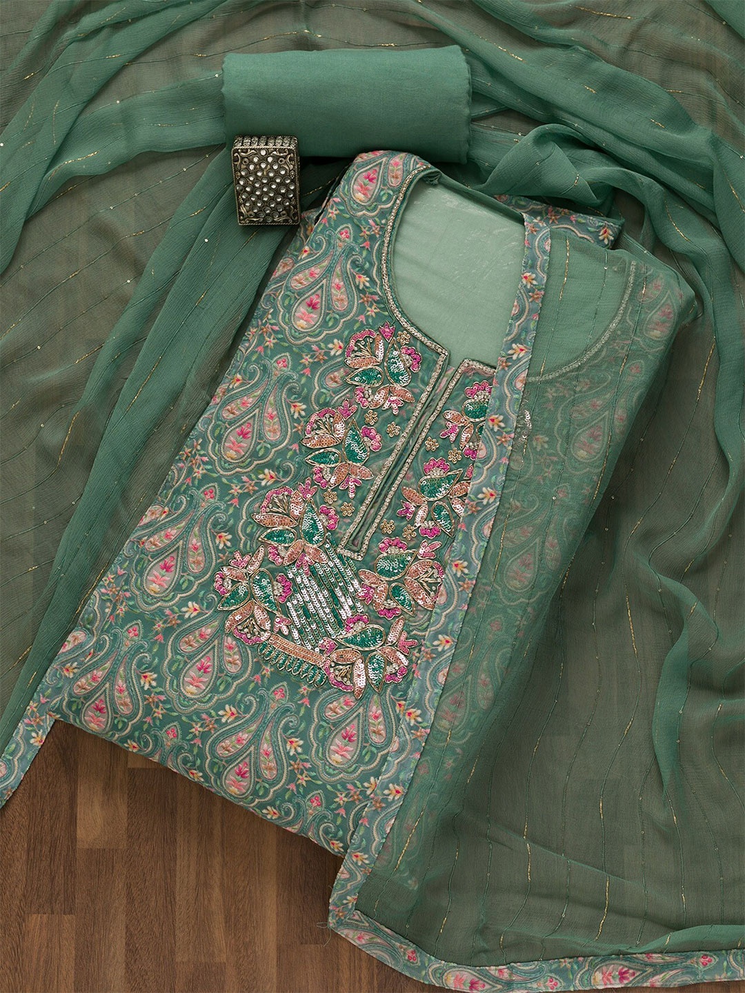 

Koskii Embroidered Unstitched Dress Material, Sea green