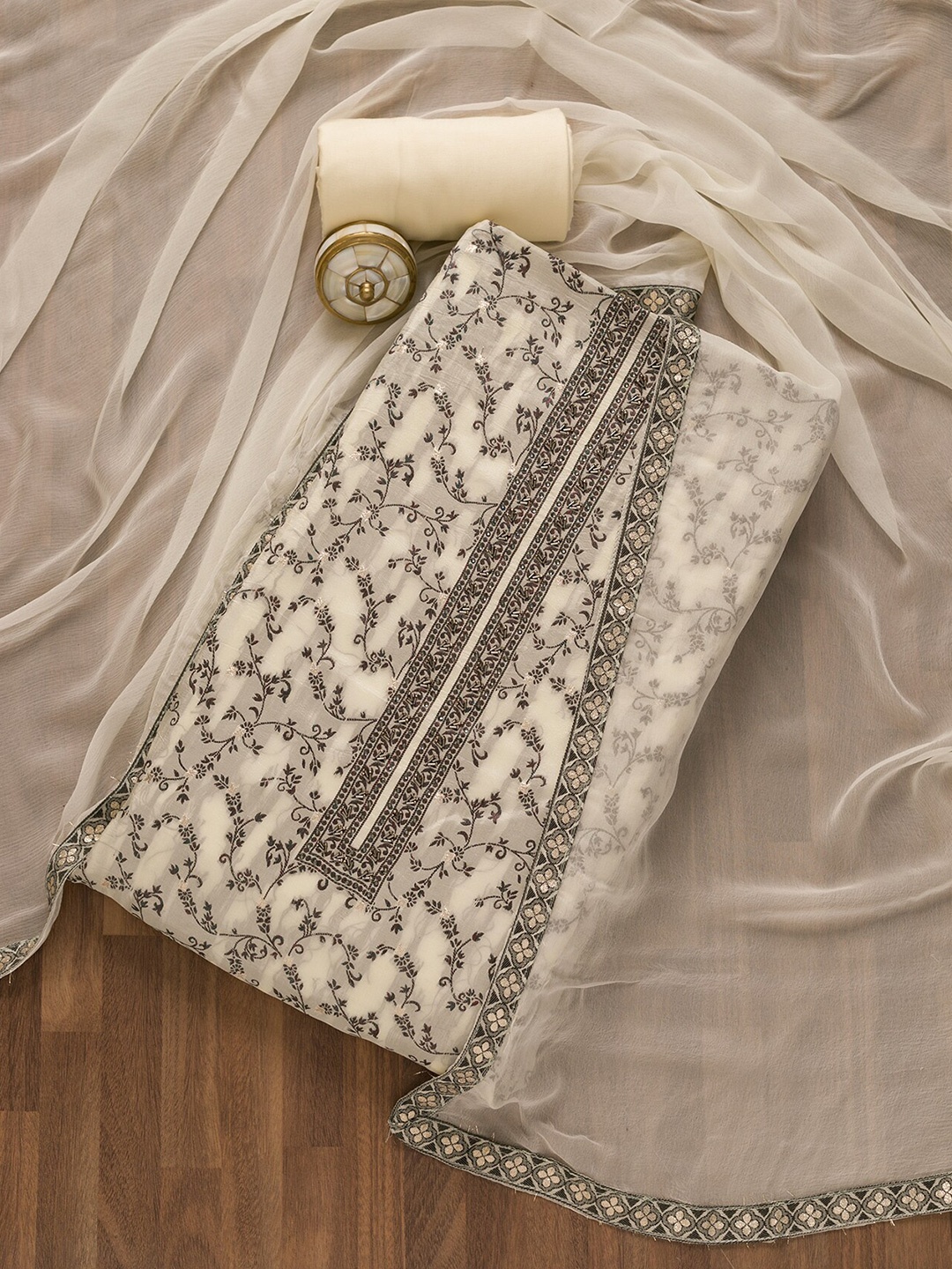 

Koskii Floral Woven Design Unstitched Dress Material, Cream
