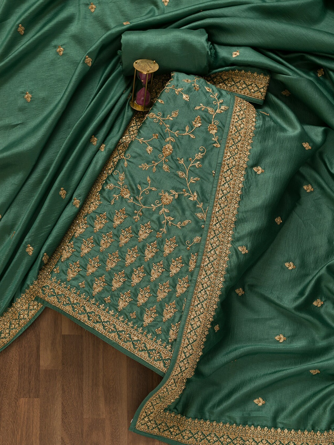 

Koskii Floral Embroidered Zari Work Unstitched Dress Material, Green