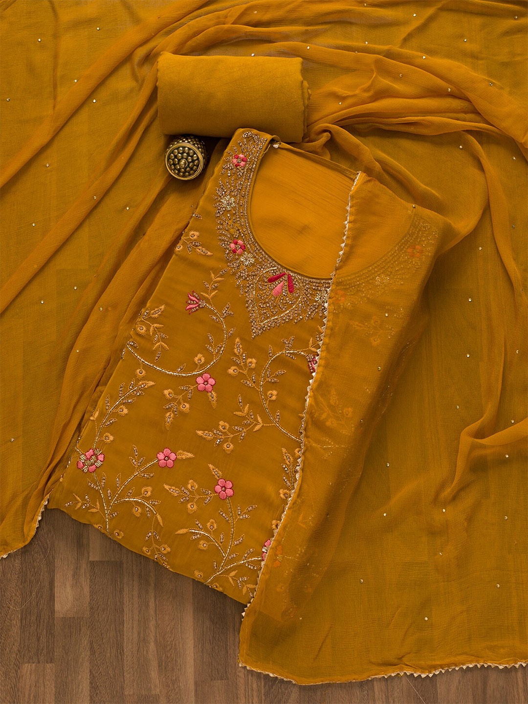 

Koskii Embroidered Unstitched Dress Material, Mustard