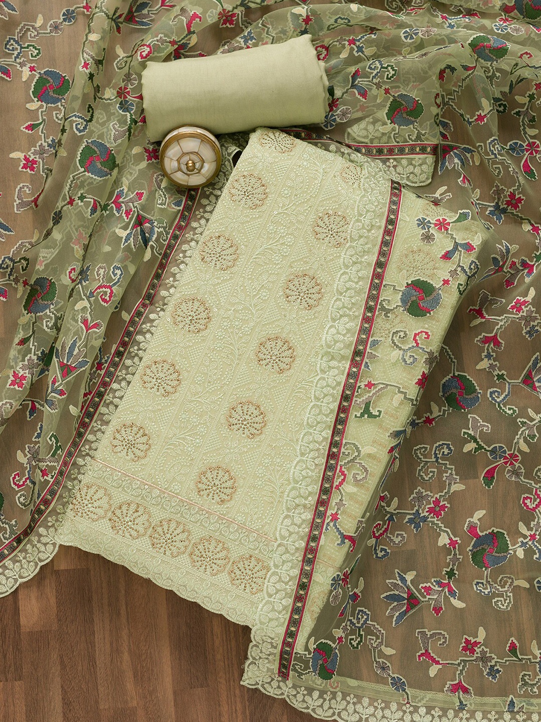 

Koskii Floral Embroidered Thread Work Unstitched Dress Material, Green