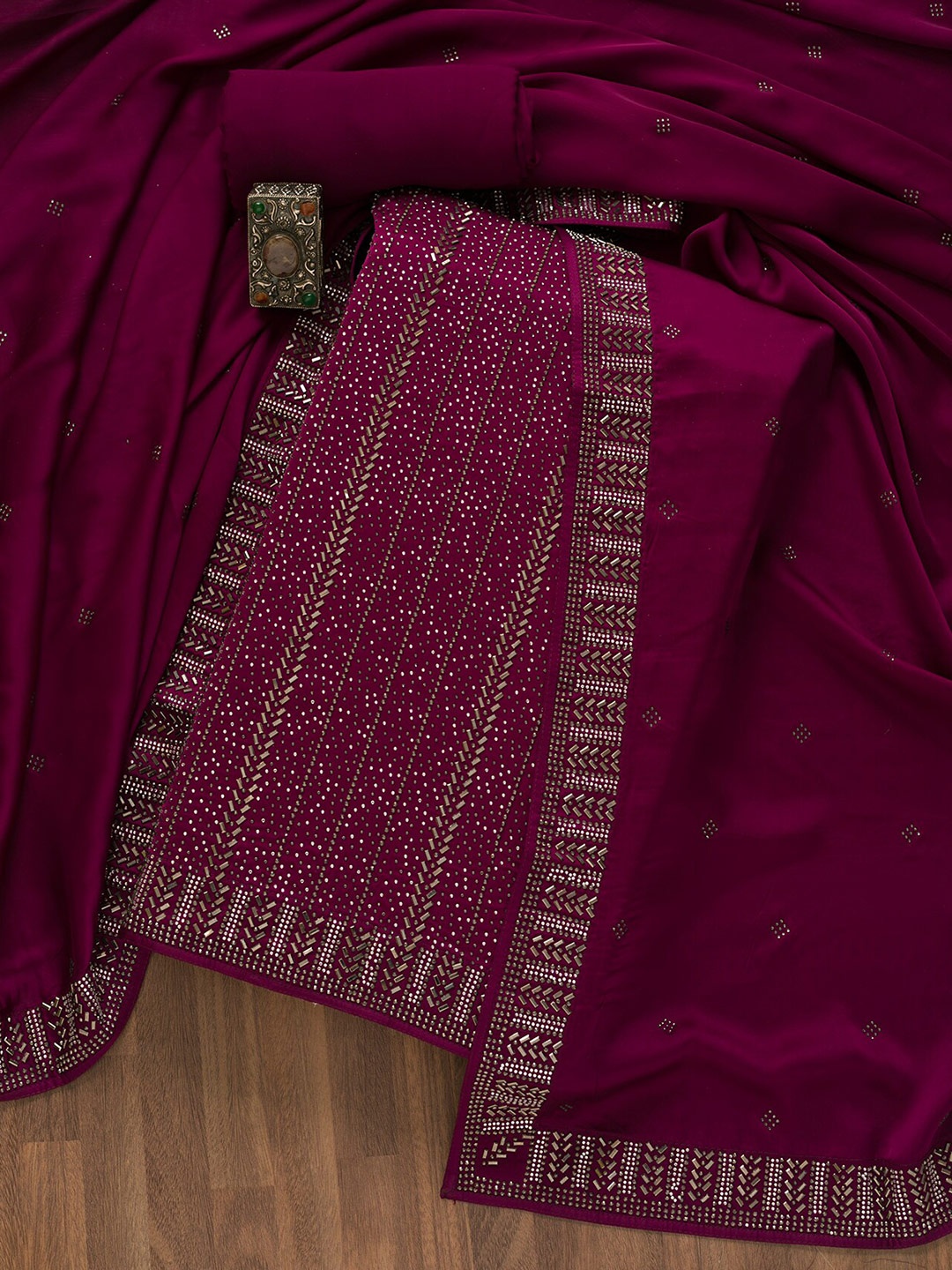 

Koskii Embellished Unstitched Dress Material, Burgundy