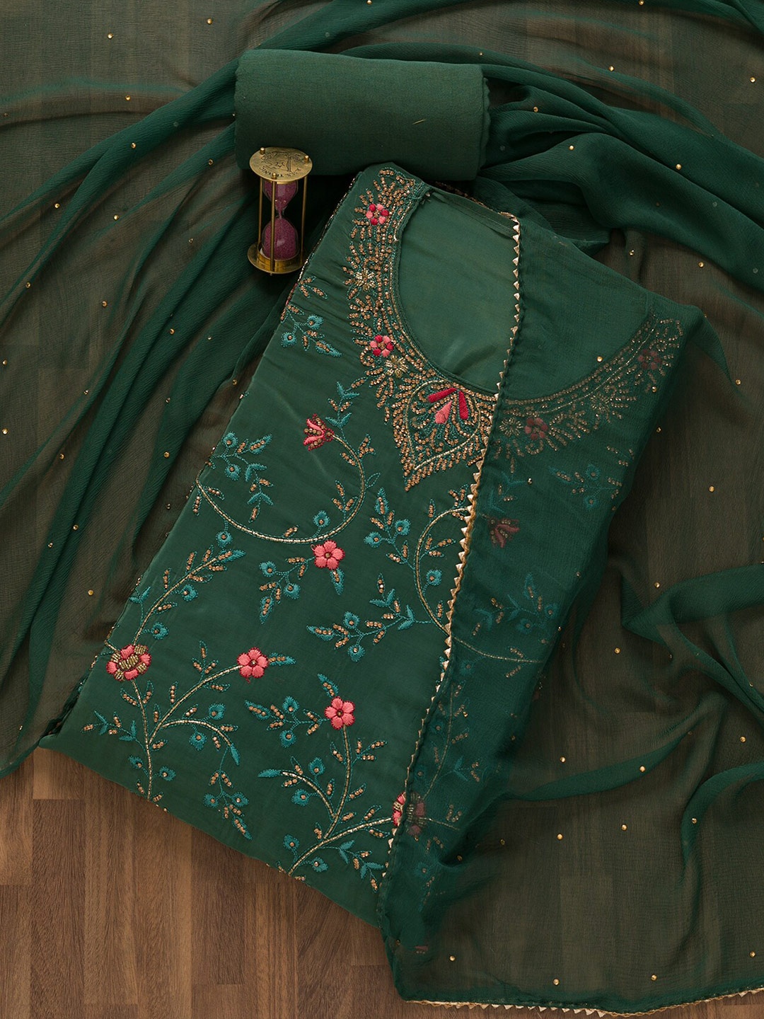 

Koskii Floral Embroidered Stone Work Unstitched Dress Material, Green