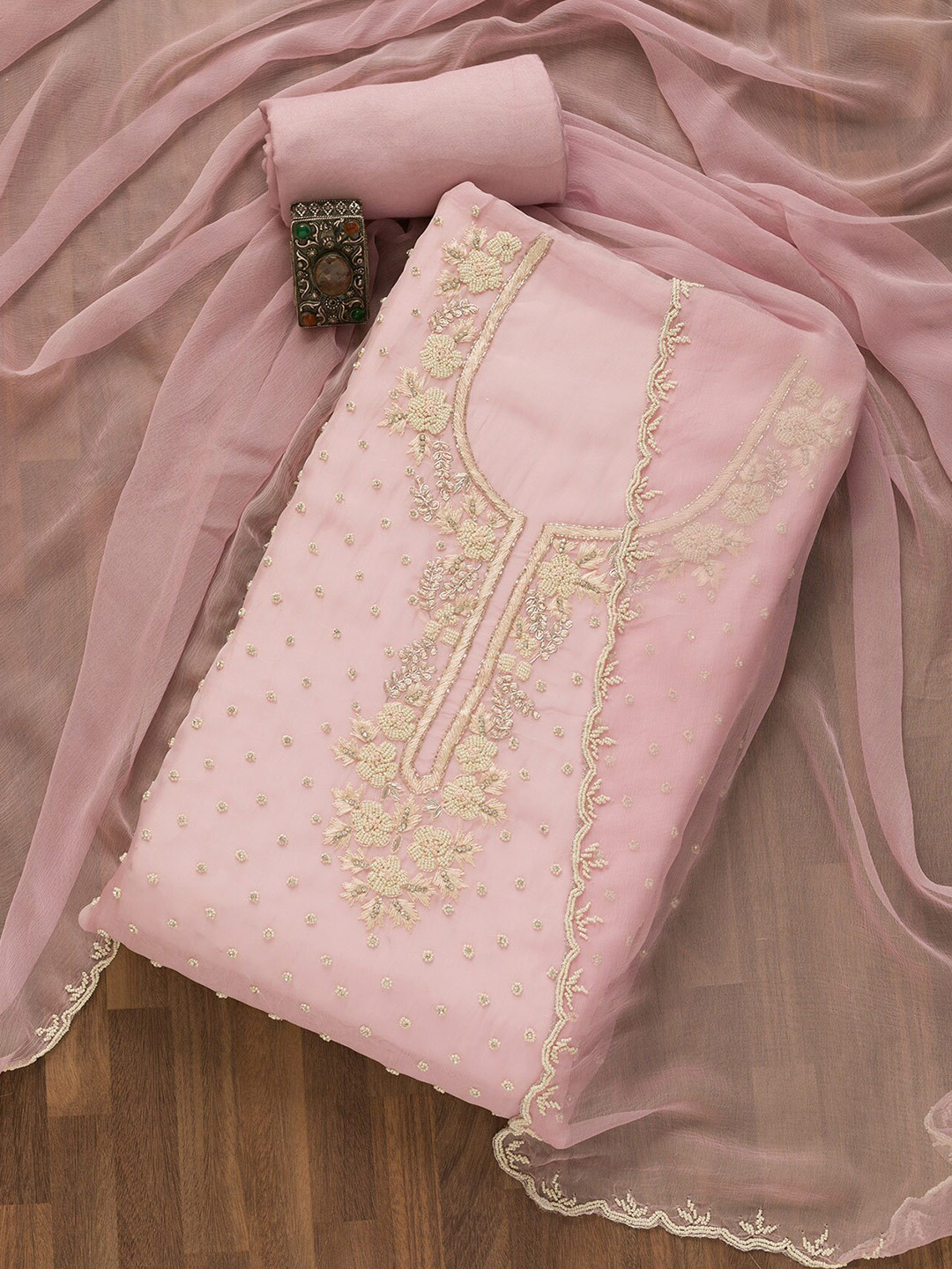 

Koskii Embellished Organza Unstitched Dress Material, Pink