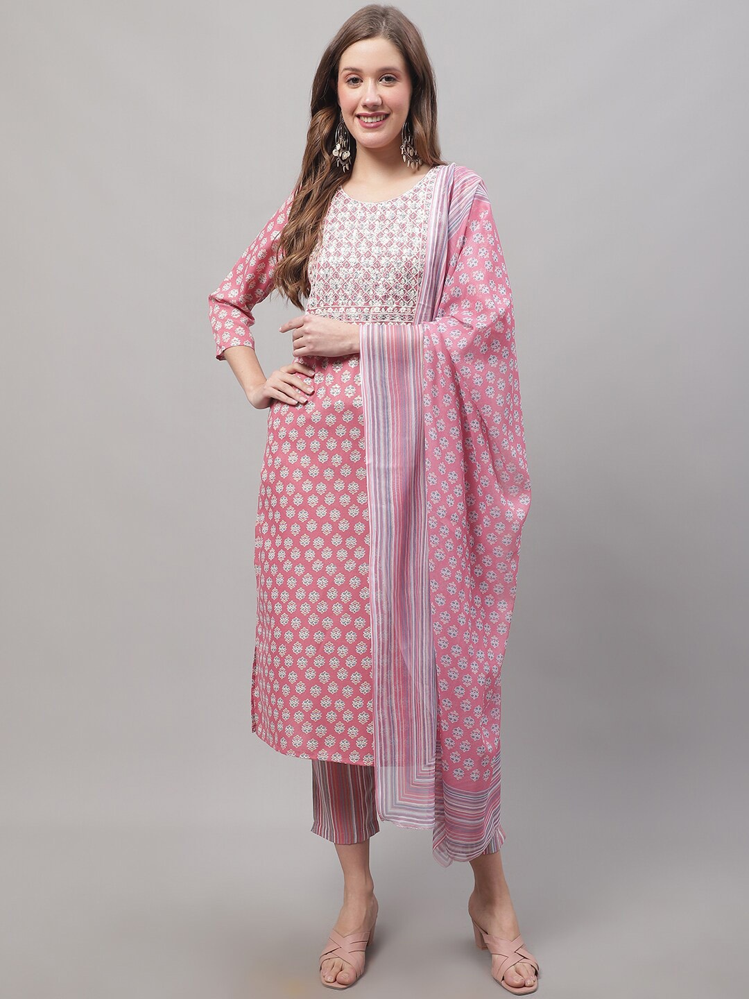 

KALINI Ethnic Motifs Printed Pure Cotton Kurta With Trousers & With Dupatta, Pink