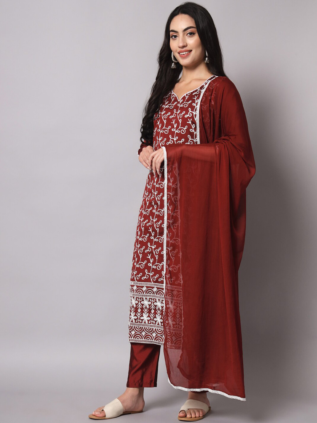 

KALINI Floral Embroidered Kurta with Trousers & Dupatta, Maroon