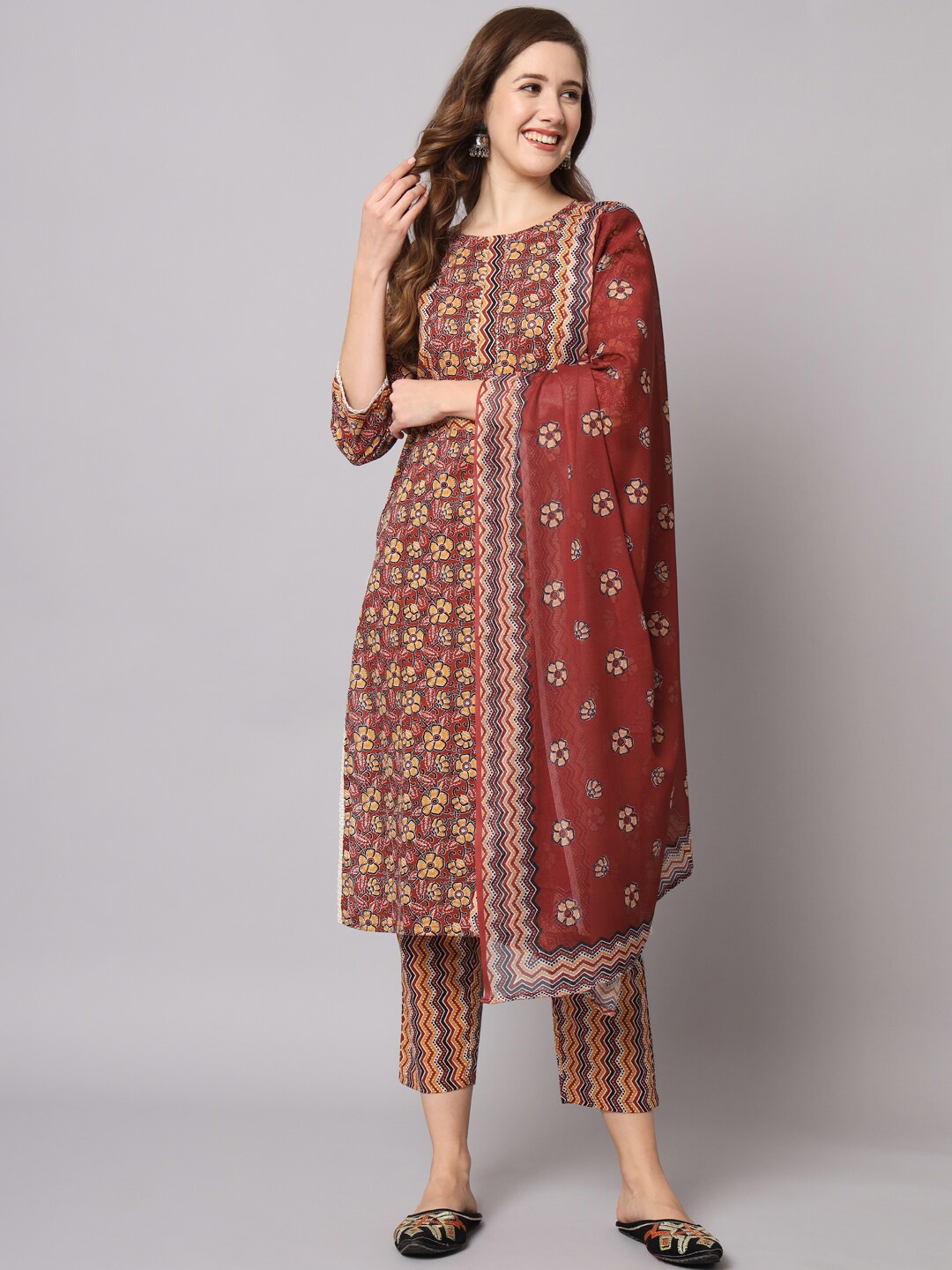 

KALINIFloral Printed Pure Cotton Kurta With Trousers & With Dupatta, Maroon