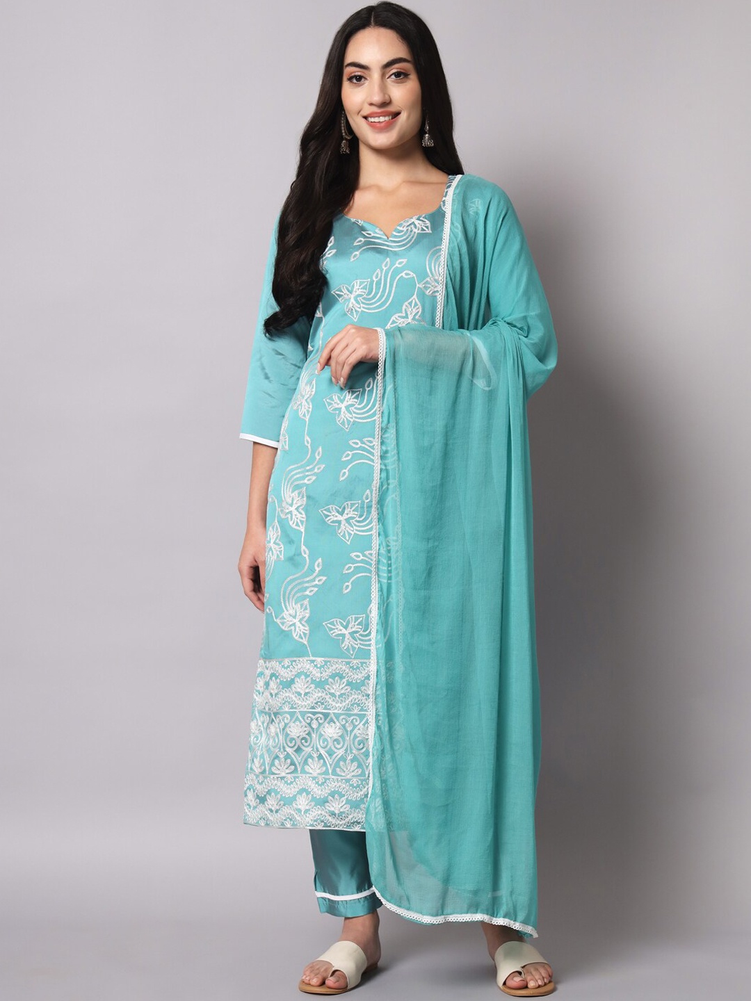 

KALINI Floral Embroidered Kurta with Trousers & With Dupatta, Blue