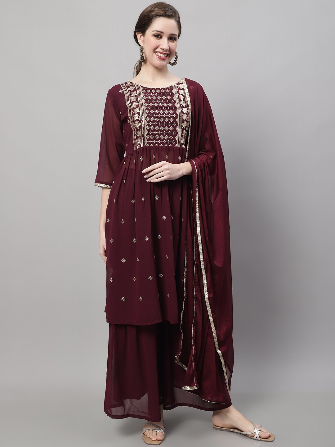 

KALINI Ethnic Motifs Embroidered Kurta With Sharara & With Dupatta, Maroon