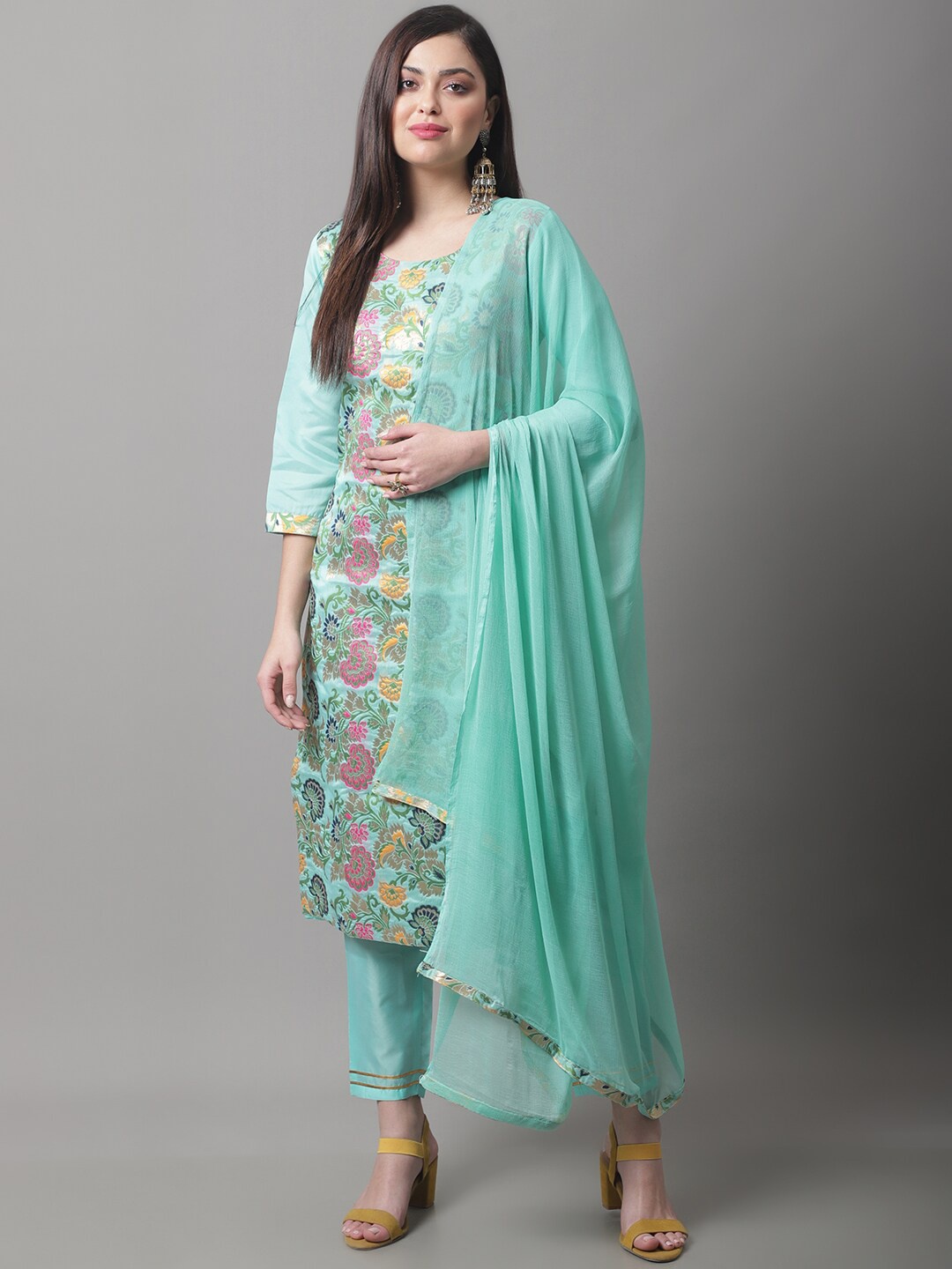 

KALINI Floral Woven Design Kurta with Trousers & Dupatta, Blue