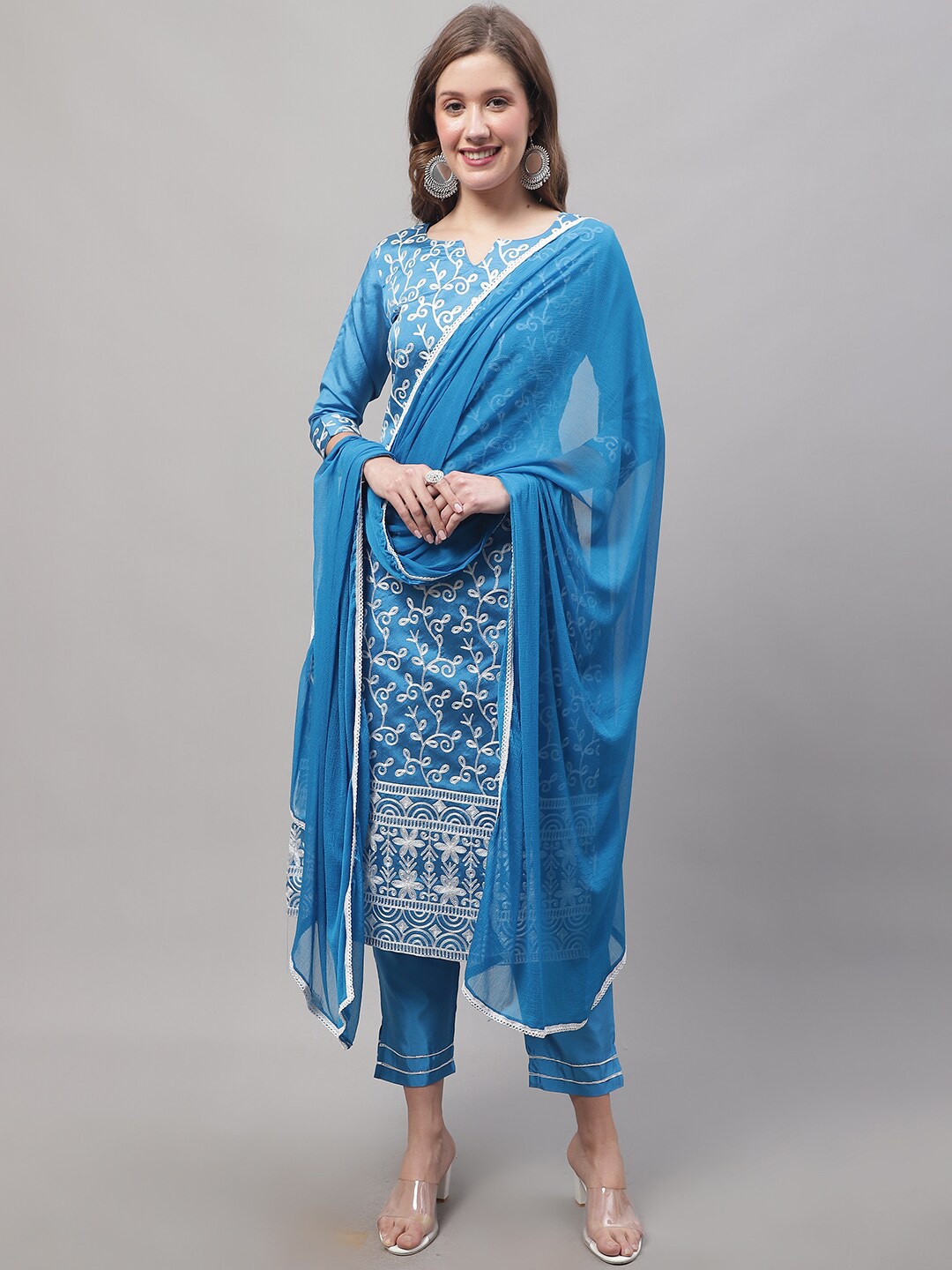 

KALINI Floral Embroidered Kurta with Trousers & Dupatta, Blue