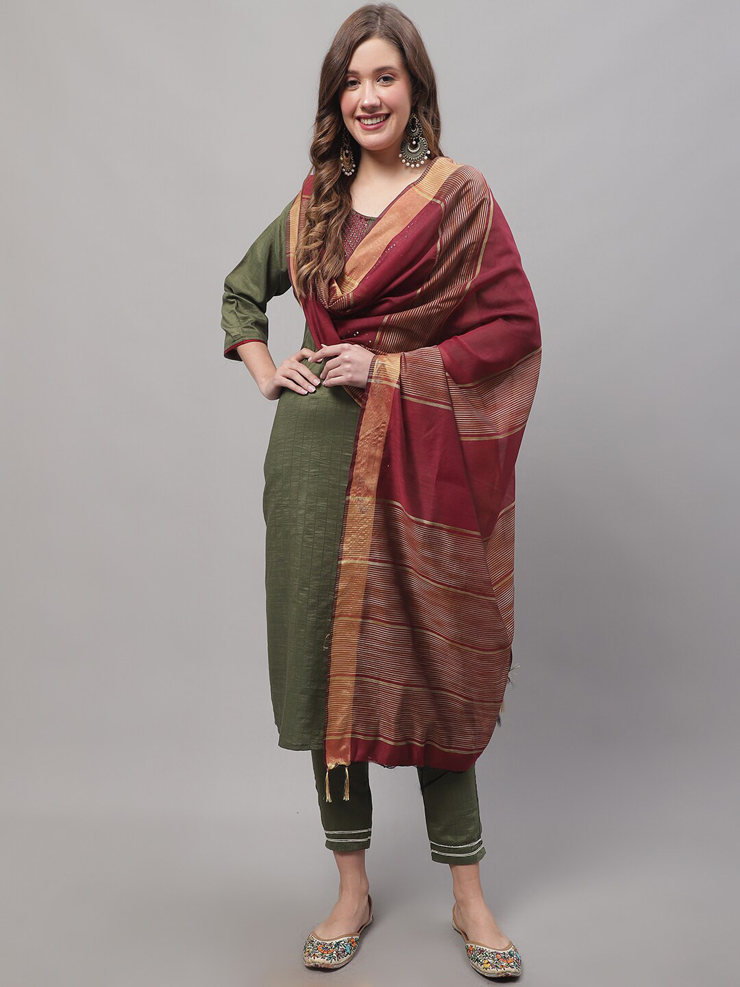 

KALINI Floral Embroidered Kurta with Trousers & Dupatta, Green