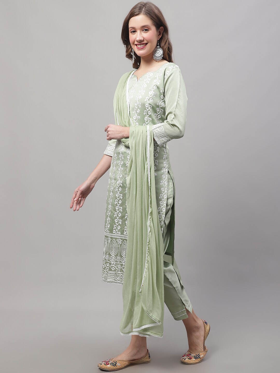 

KALINI Floral Embroidered Kurta with Trousers & With Dupatta, Green