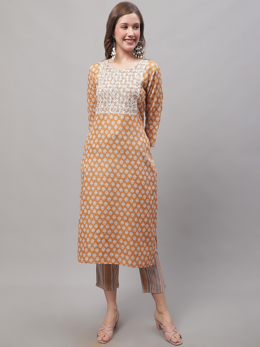 

KALINI Ethnic Motifs Printed Thread Work Pure Cotton Kurta With Trousers & With Dupatta, Mustard