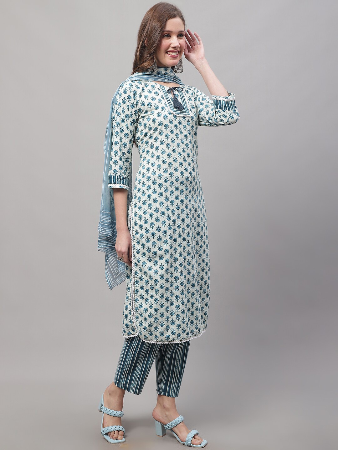 

KALINI Floral Printed Pure Cotton Kurta with Trousers & Dupatta, Blue