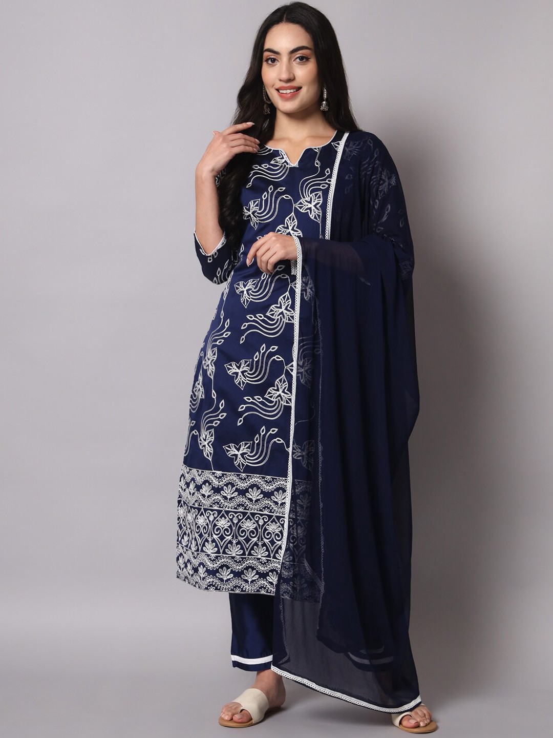 

KALINI Floral Embroidered Kurta with Trousers & With Dupatta, Blue