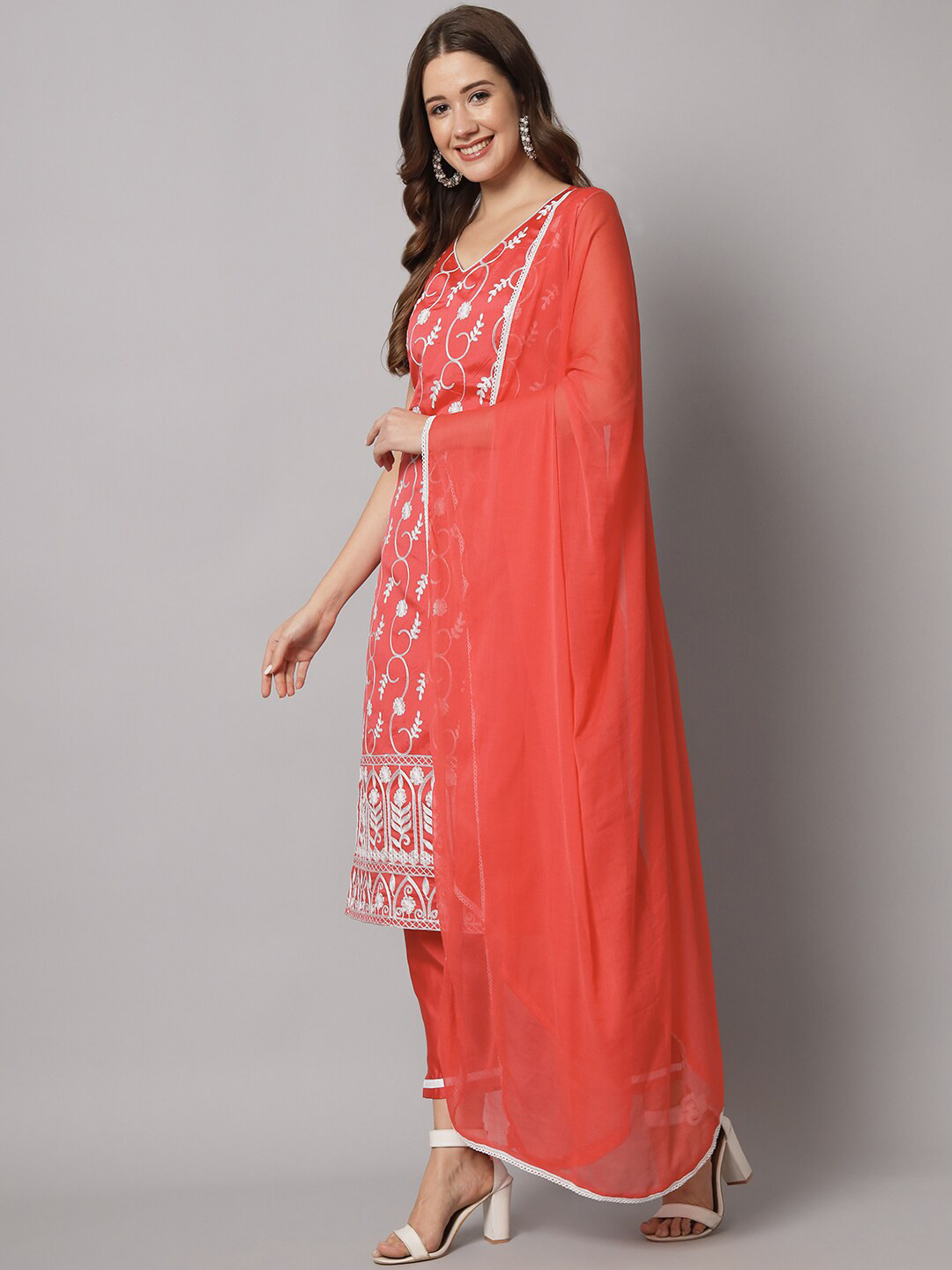 

KALINI Floral Embroidered Kurta With Trousers & With Dupatta, Orange