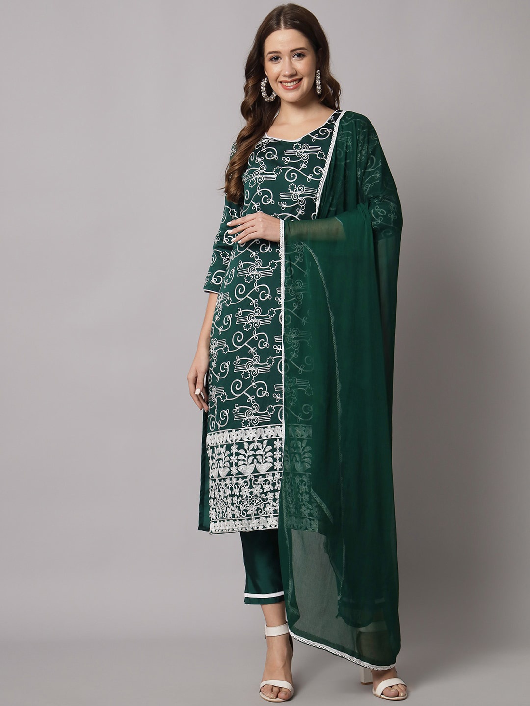 

KALINI Ethnic Motifs Embroidered Kurta With Trousers & With Dupatta, Green