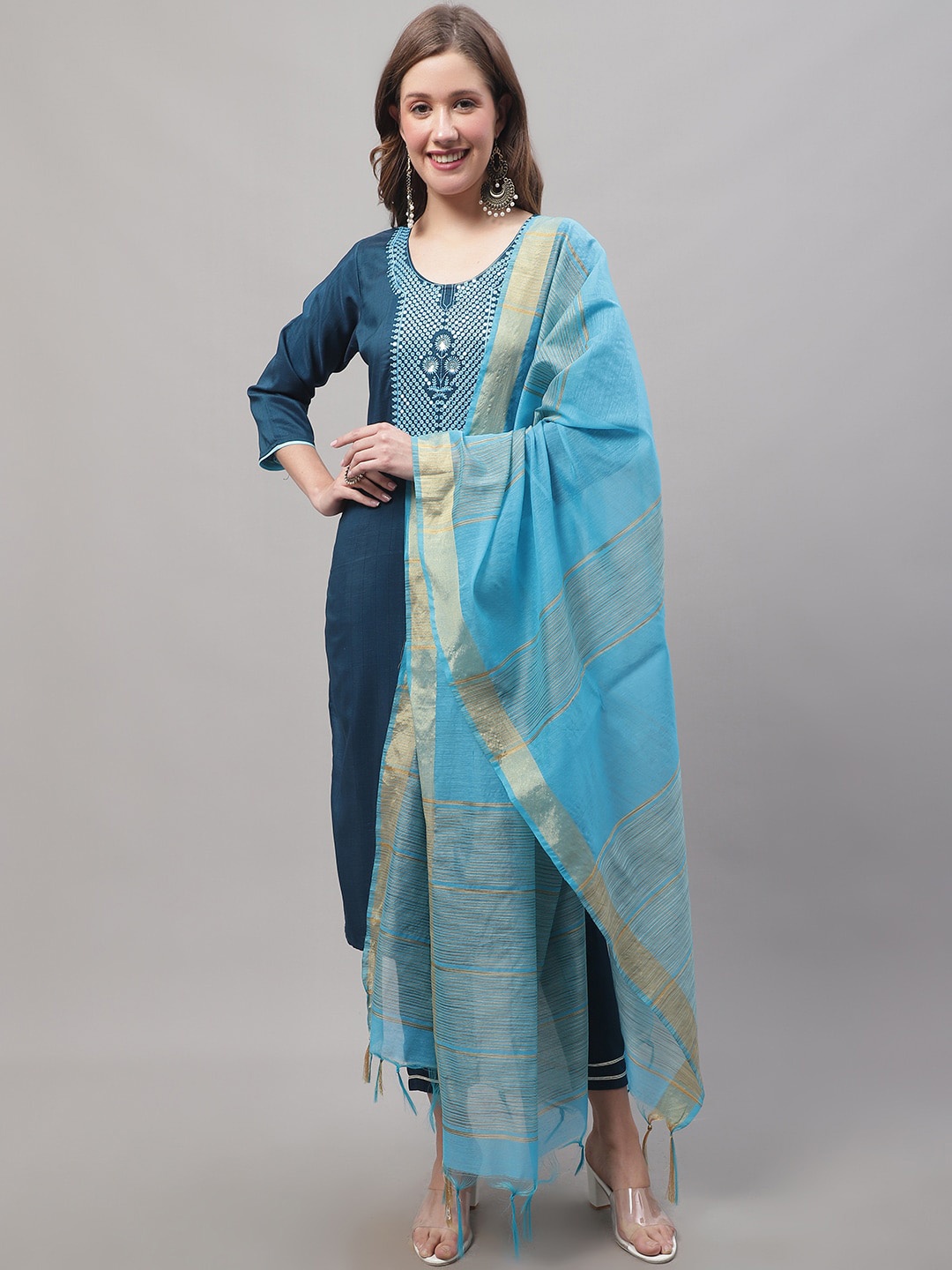 

KALINI Floral Yoke Design Thread Work Kurta with Trousers & With Dupatta, Blue