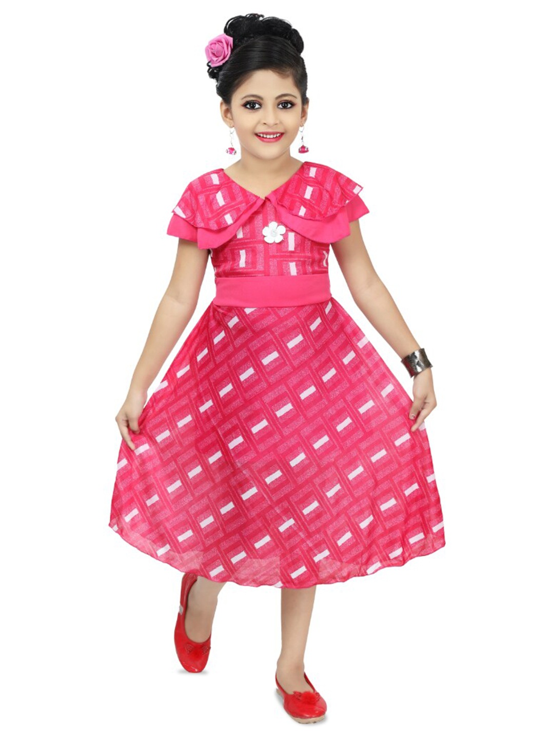 

BAESD Girls Geometric Printed Fit & Flare Midi Dress, Pink