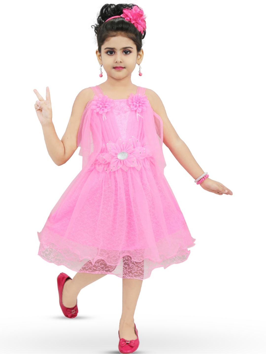 

BAESD Girls Self Design Embellished Fit & Flare Midi Dress, Pink