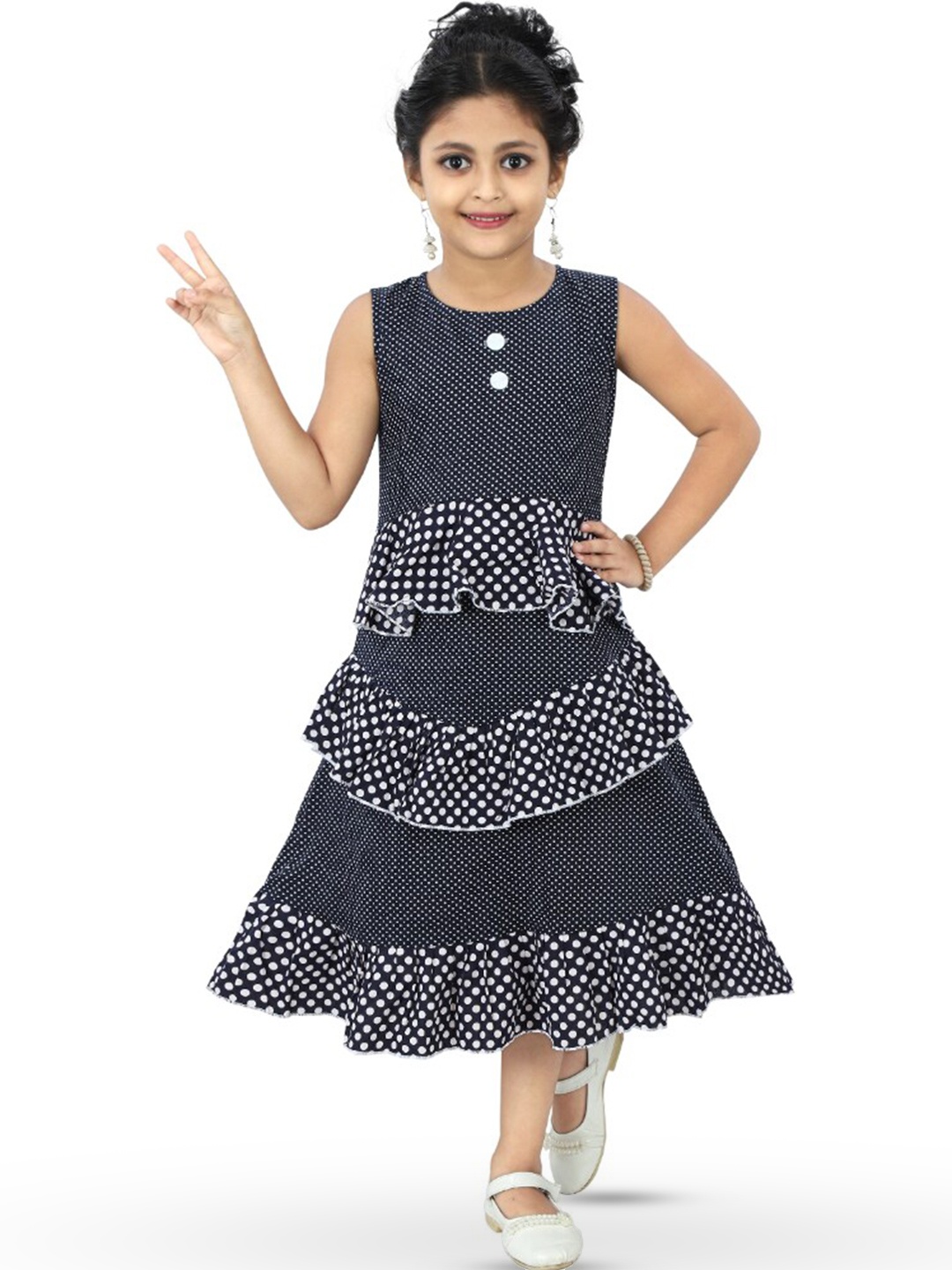 

BAESD Girls Polka Dots Printed Ruffles Cotton A-Line Midi Dress, Black