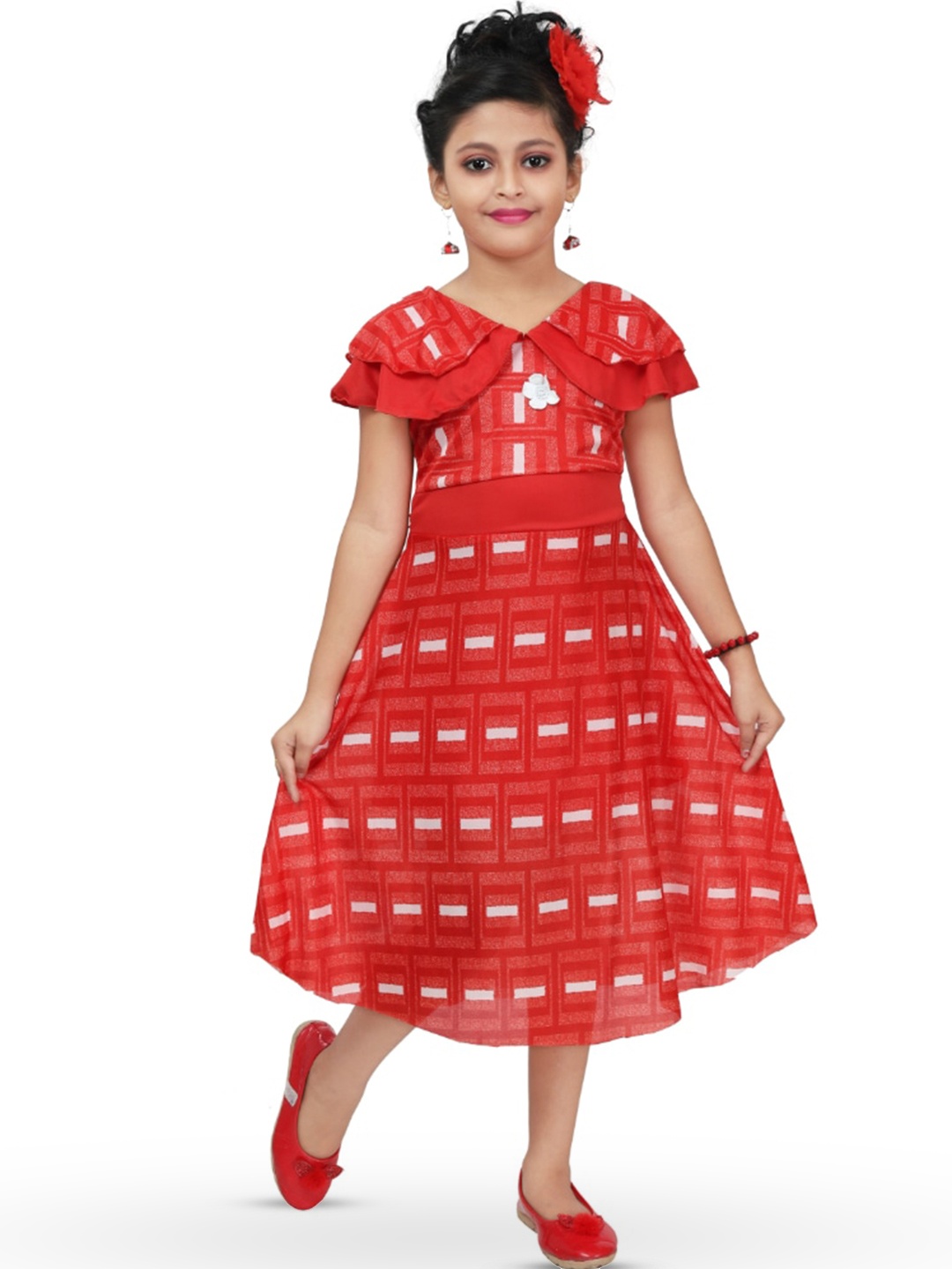 

BAESD Girls Geometric Printed A-Line Midi Dress, Red