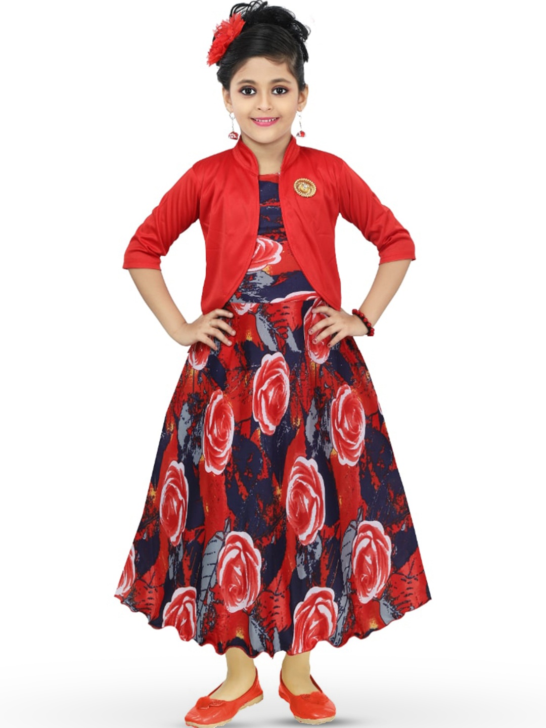 

BAESD Girls Floral Printed Fit & Flare Midi Dress With Shug, Red