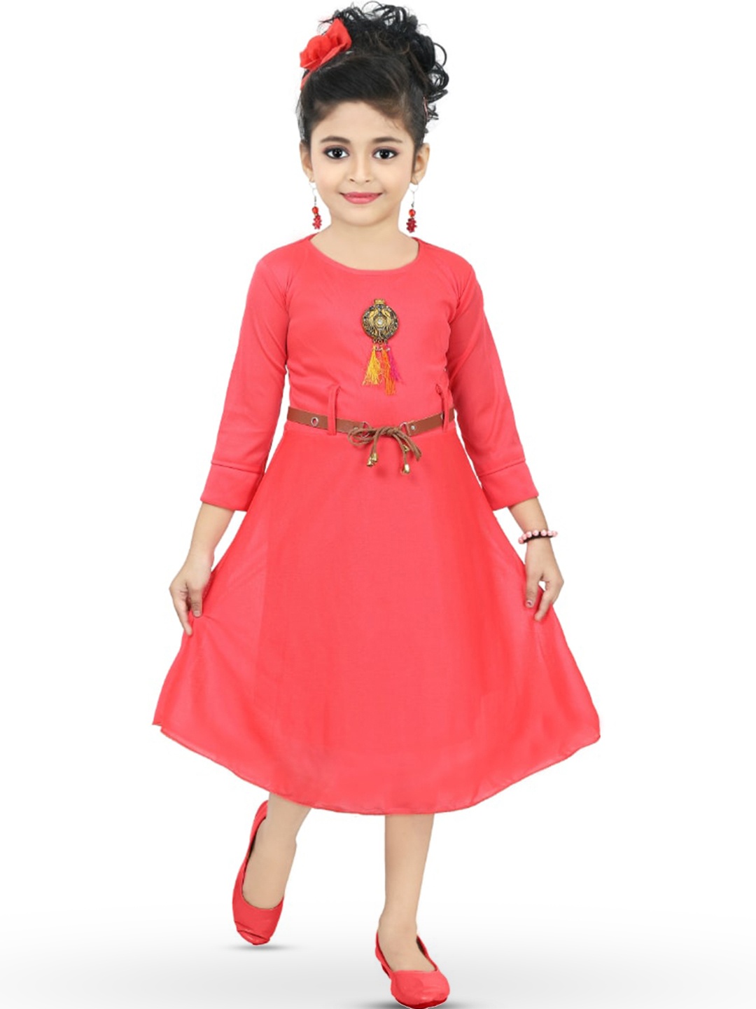 

BAESD Girls A-Line Midi Dress With Belt, Pink