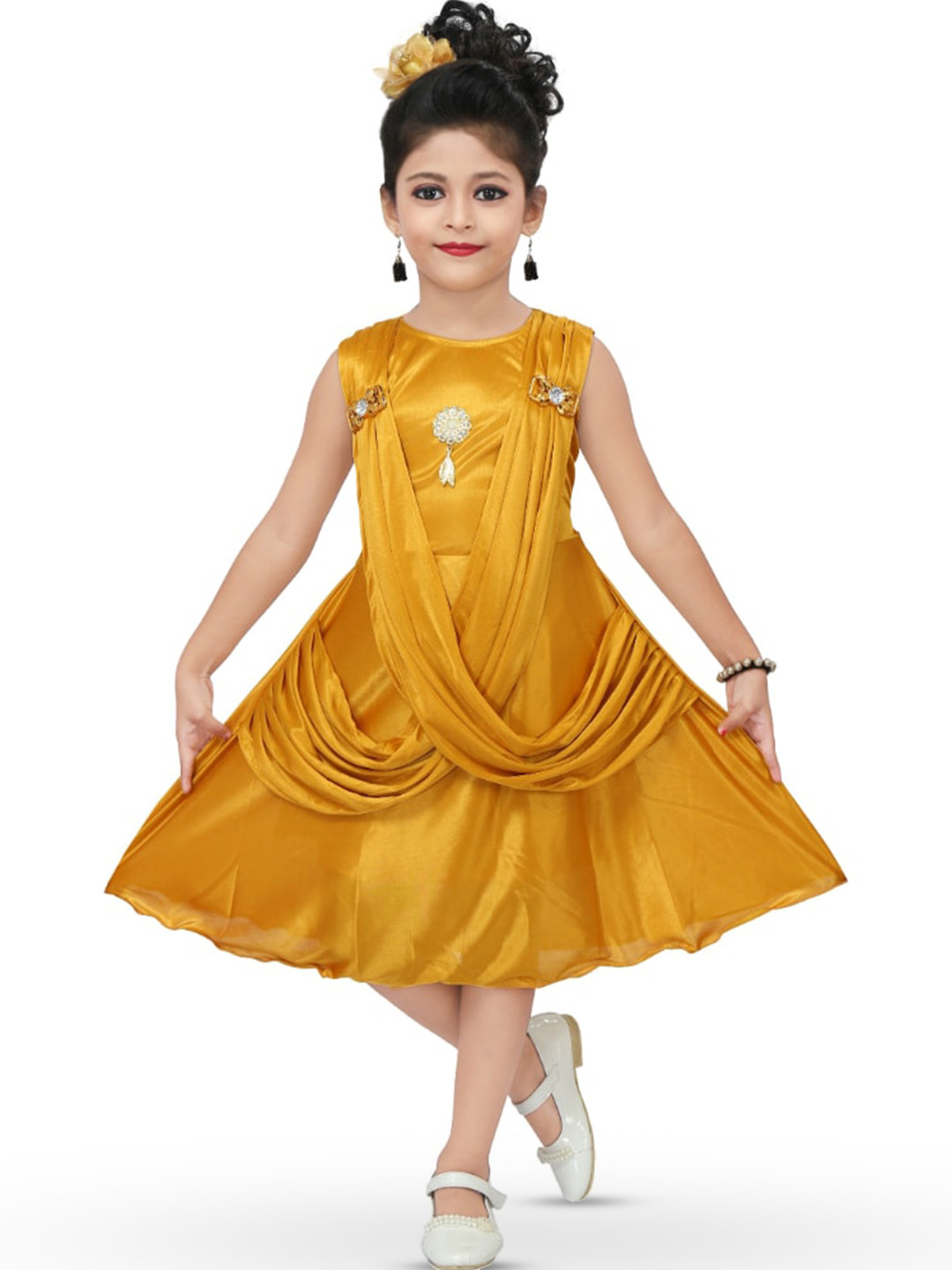 

BAESD Girls Tie Up Details Satin A-Line Midi Dress, Yellow