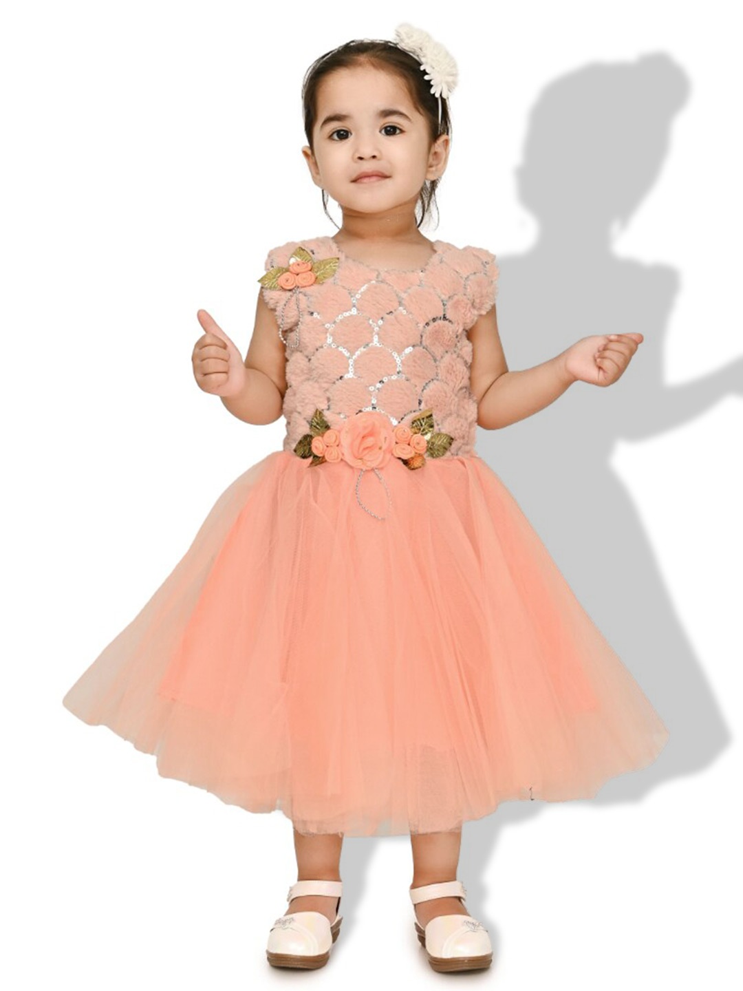 

BAESD Girls Self Design Net Fit & Flare Midi Dress, Pink