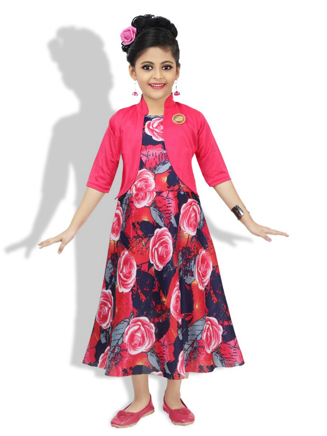 

BAESD Girls Floral Printed Cotton A-Line Maxi Dress with Shrug, Pink