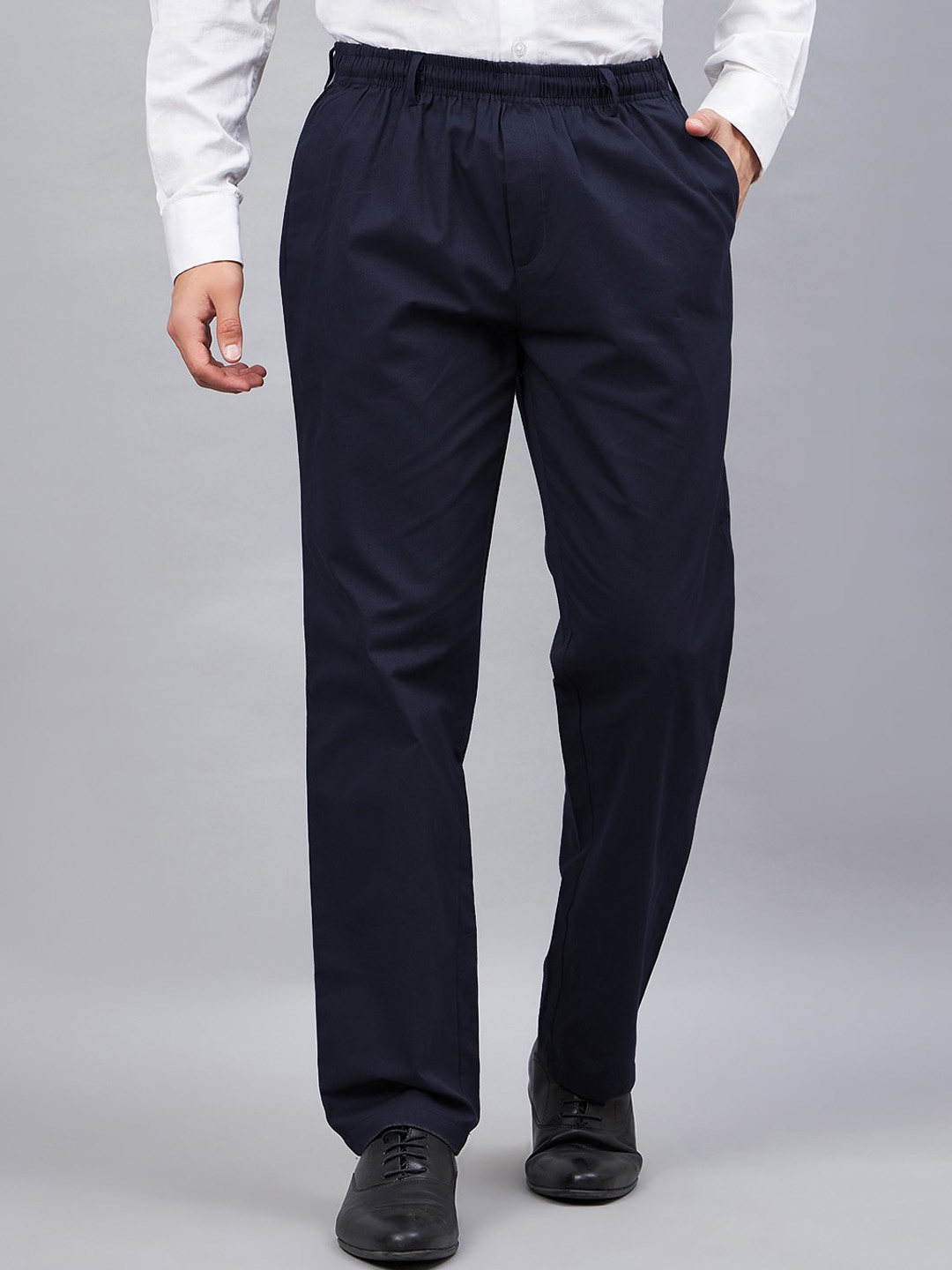 

CHROME & CORAL Men Relaxed Regular Fit Easy Wash Pure Cotton Formal Trousers, Navy blue