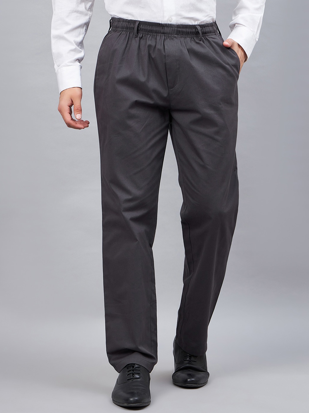

CHROME & CORAL Men Relaxed Regular Fit Easy Wash Pure Cotton Formal Trousers, Grey