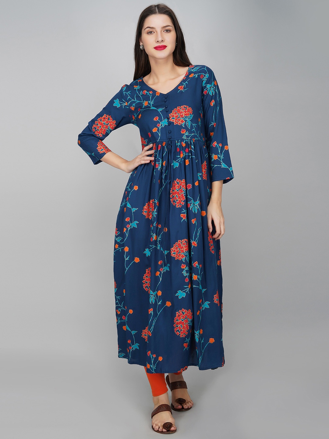 

METRO-FASHION V-Neck Floral Printed A-Line Kurta, Blue