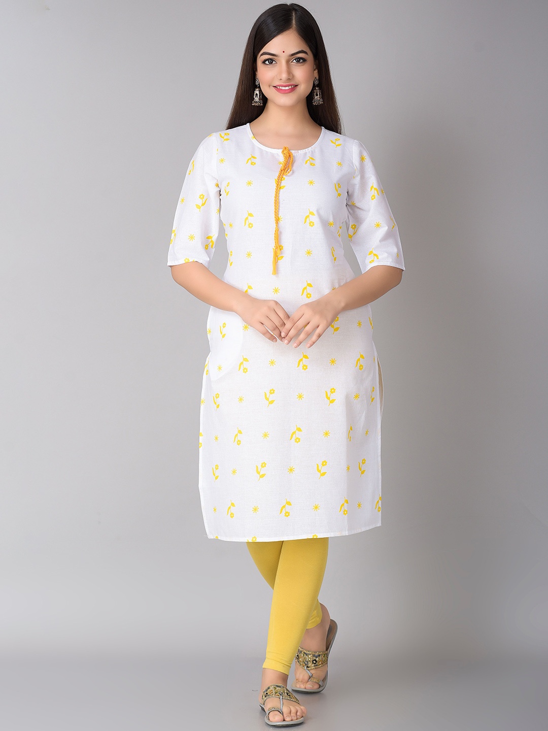 

METRO-FASHION Tie Up Neck Floral Printed Pure Cotton Kurta, White