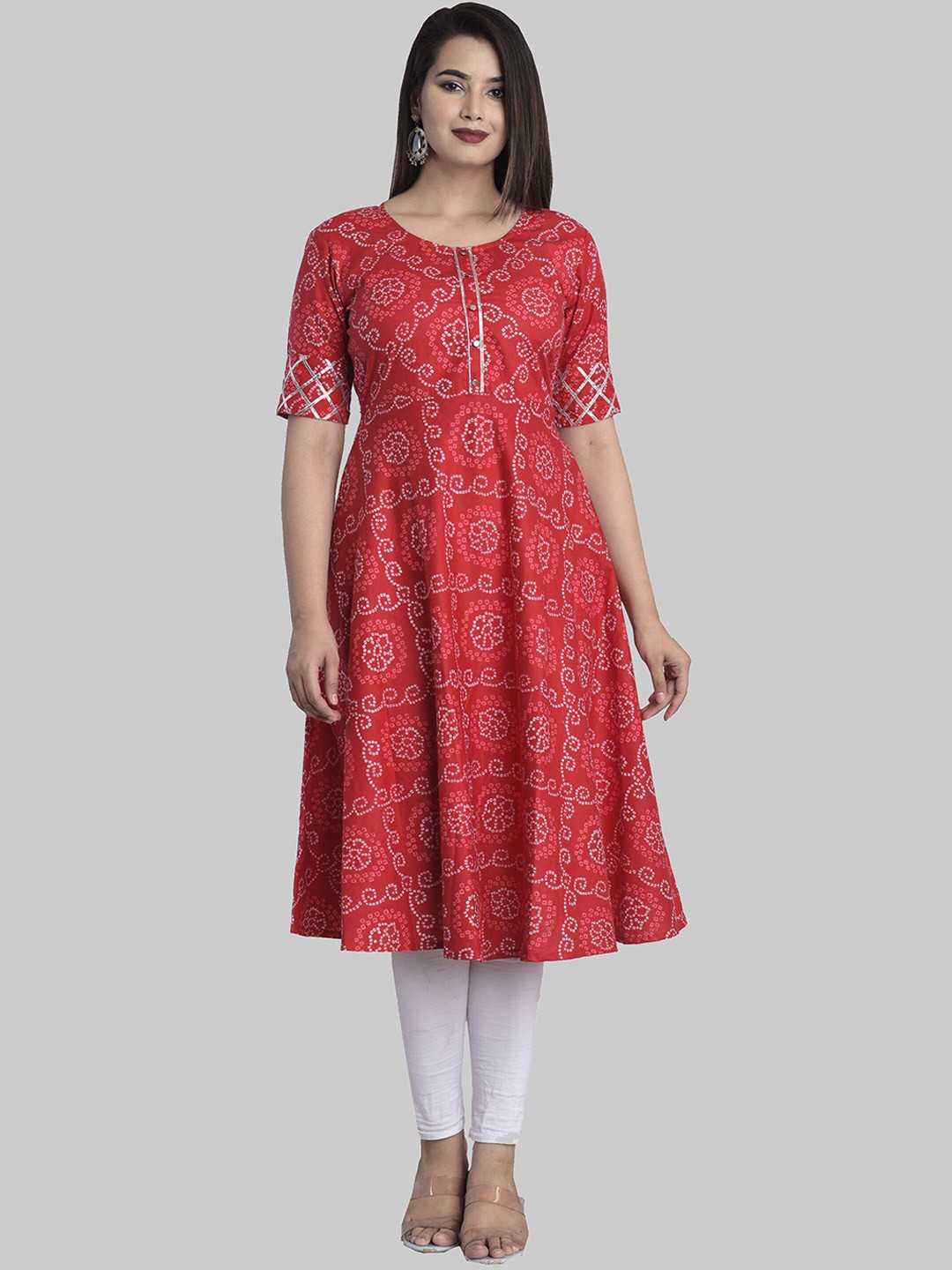 

METRO-FASHION Bandhani Printed Gotta Patti Anarkali Pure Cotton Kurta, Red