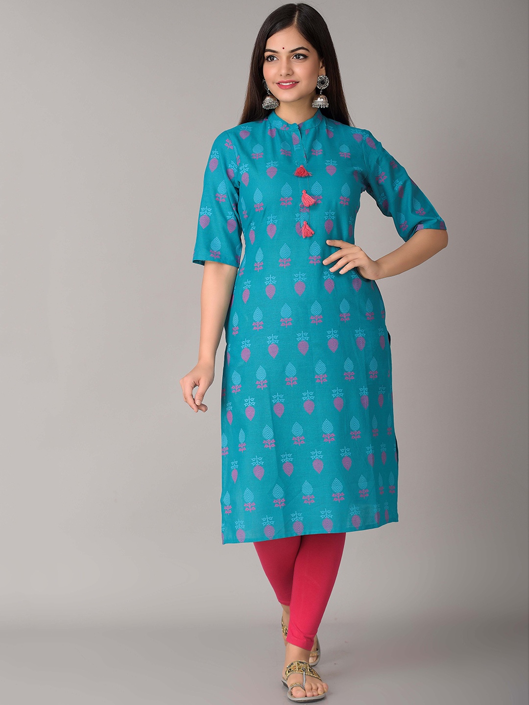 

METRO-FASHION Mandarin Collar Floral Printed Pure Cotton Kurta, Blue