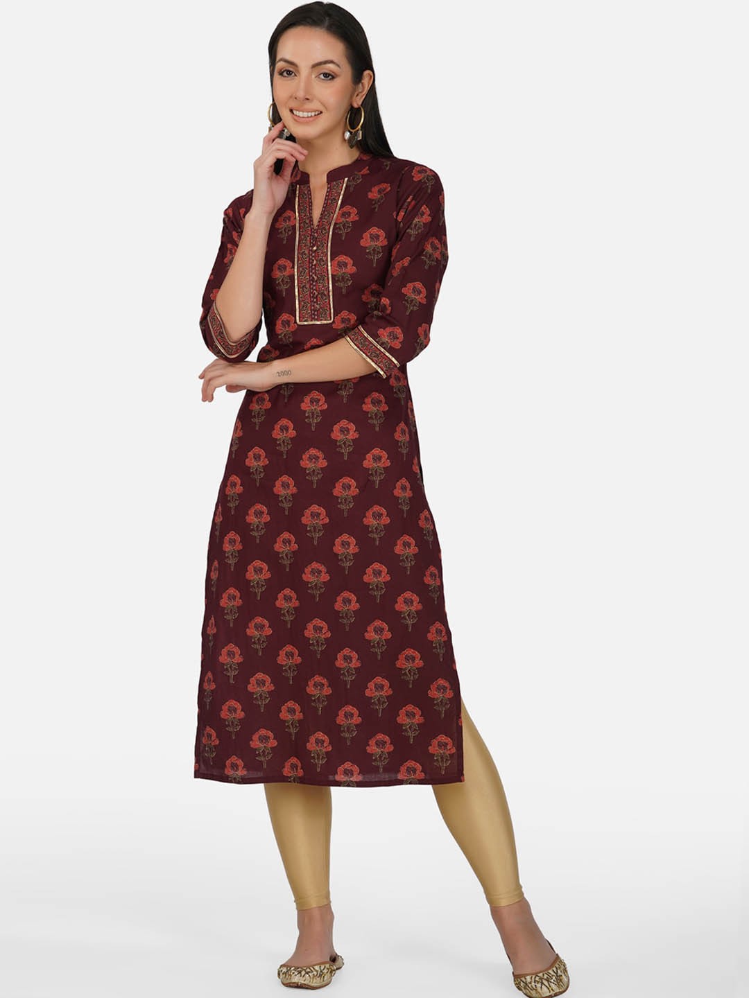 

METRO-FASHION Mandarin Collar Floral Printed Gotta Patti Pure Cotton Kurta, Maroon