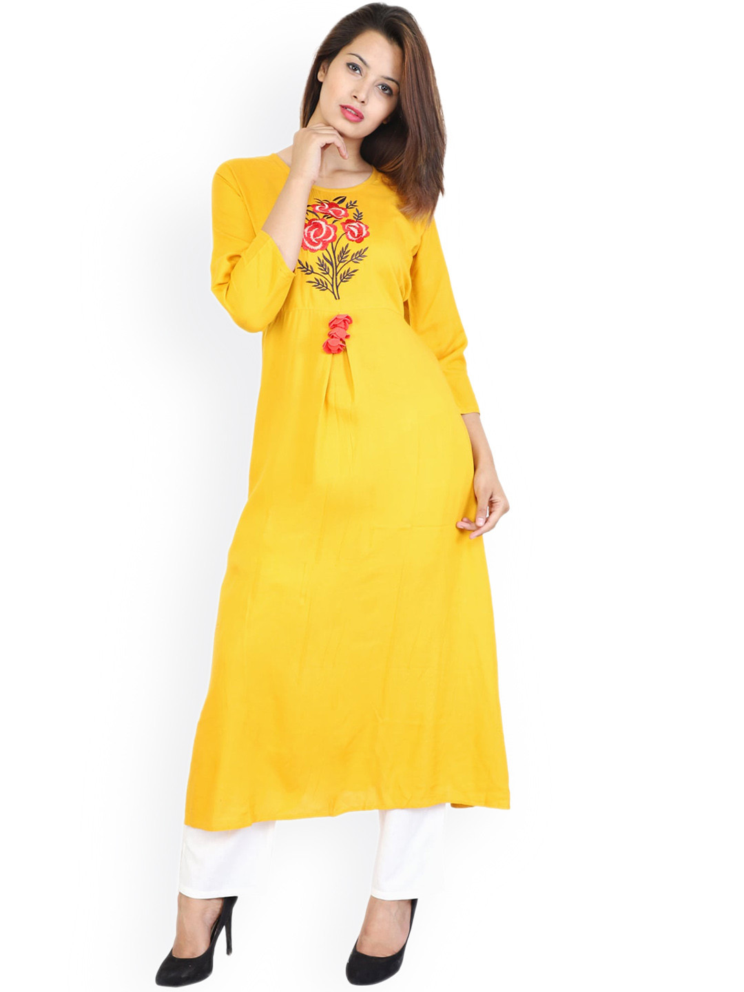 

METRO-FASHION Floral Embroidered Cotton A-Line Kurta, Yellow