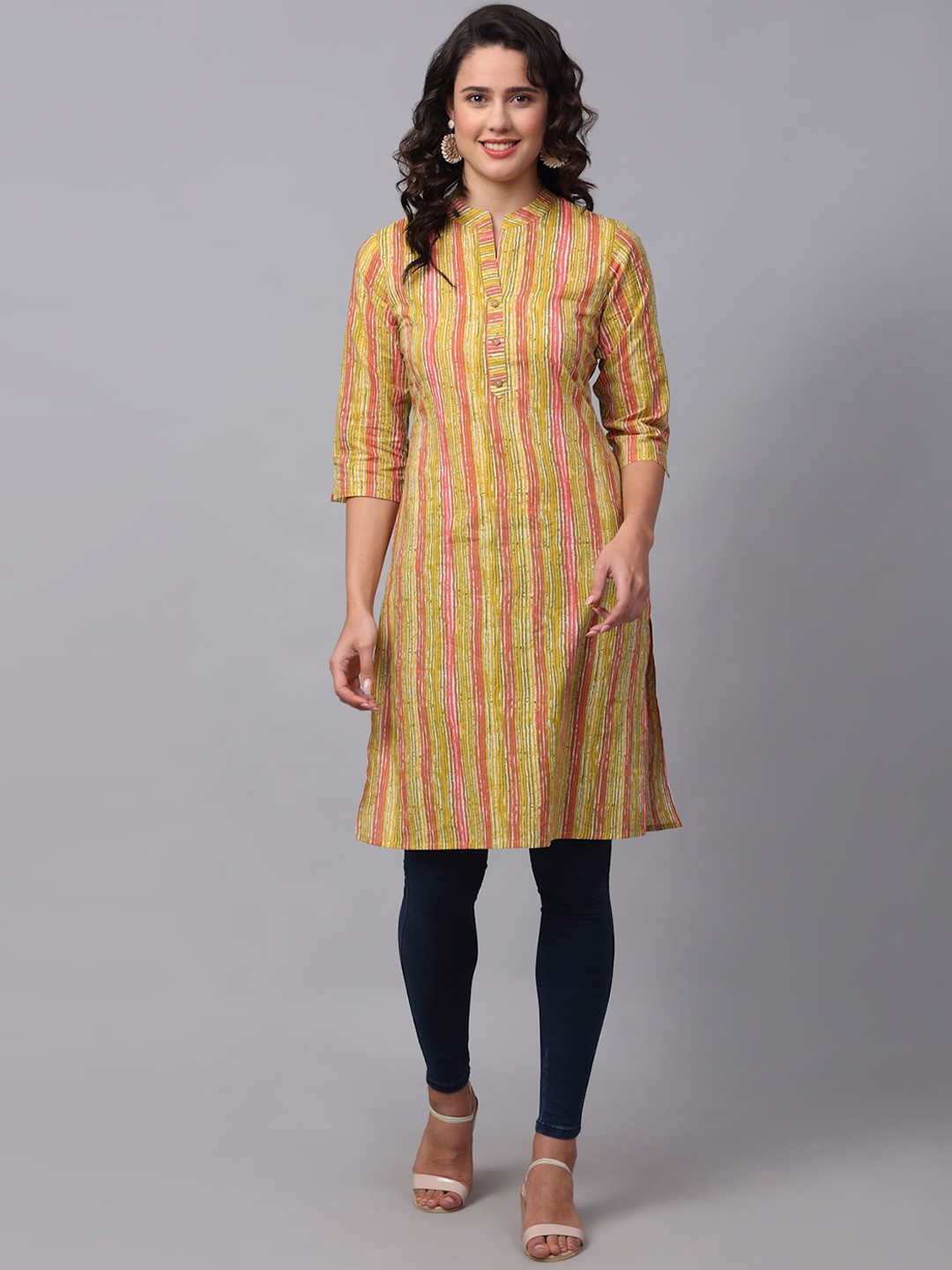 

METRO-FASHION Mandarin Collar Striped Pure Cotton Kurta, Yellow