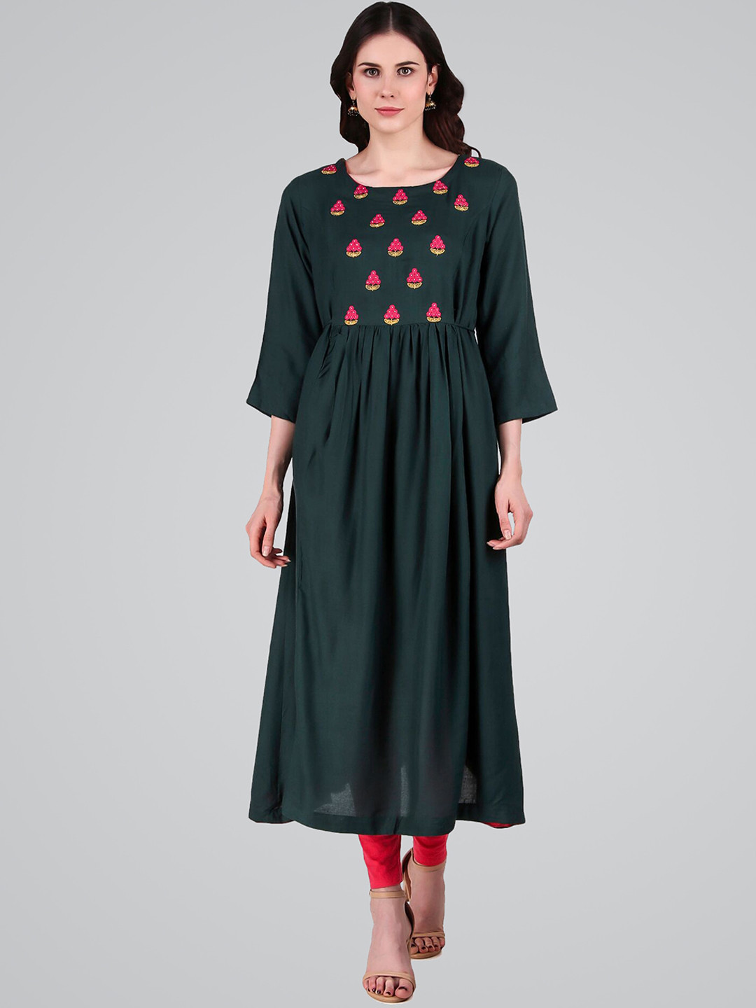 

METRO-FASHION Floral Yoke Design Thread Work Floral Anarkali Kurta, Sea green