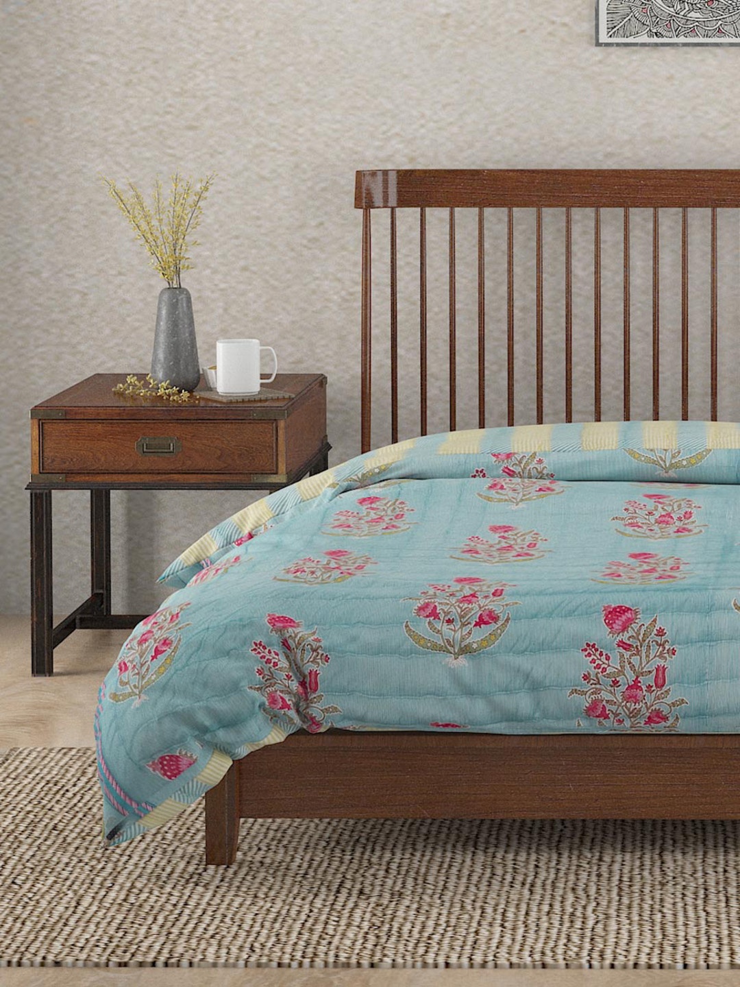 

Fabindia Rasika Blue & Pink Floral AC Room 350 GSM Cotton Single Bed Quilt