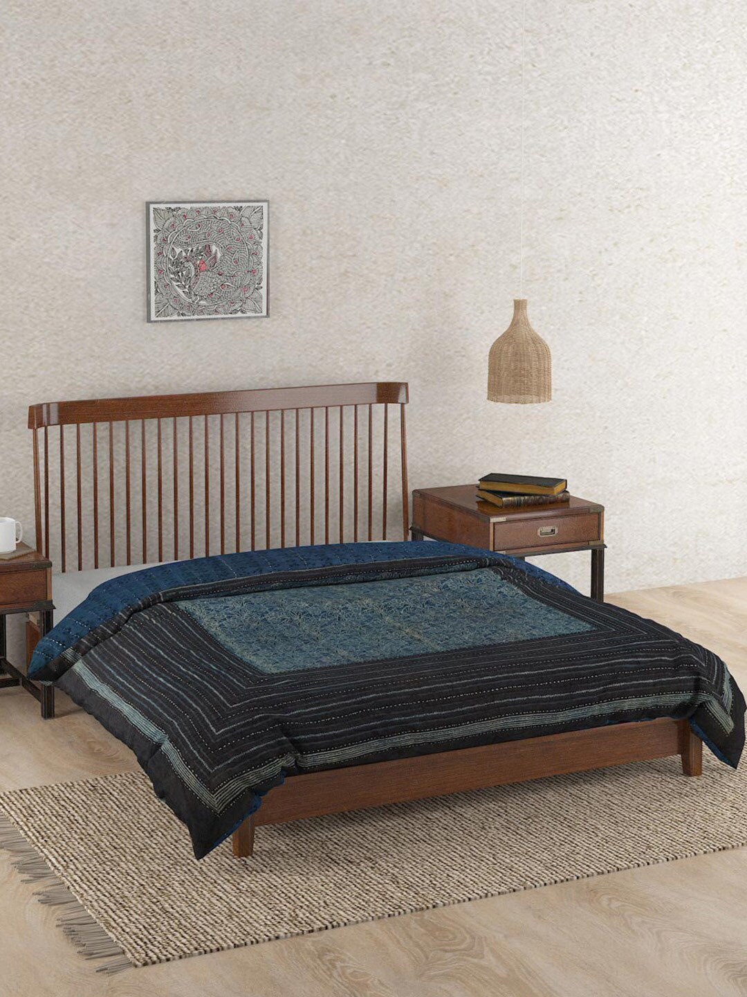

Fabindia Navy Blue Ethnic Motifs AC Room 350 GSM Cotton Double Bed Quilt