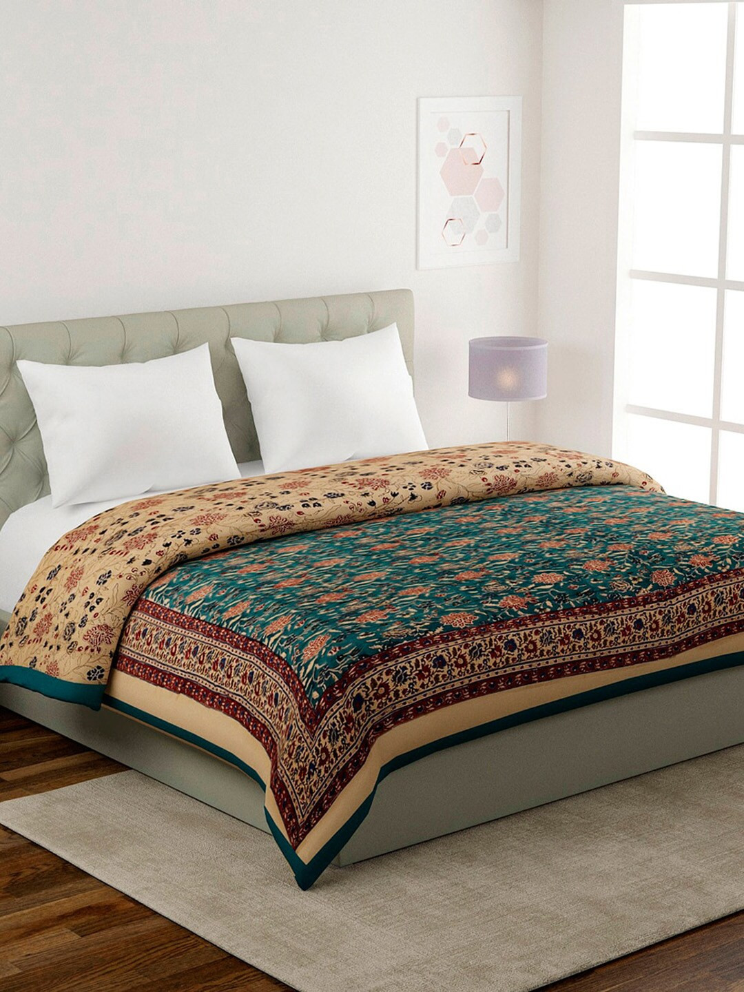 

Fabindia Teal Green & Brown Floral AC Room Reversible 350 GSM Cotton Double Bed Quilt