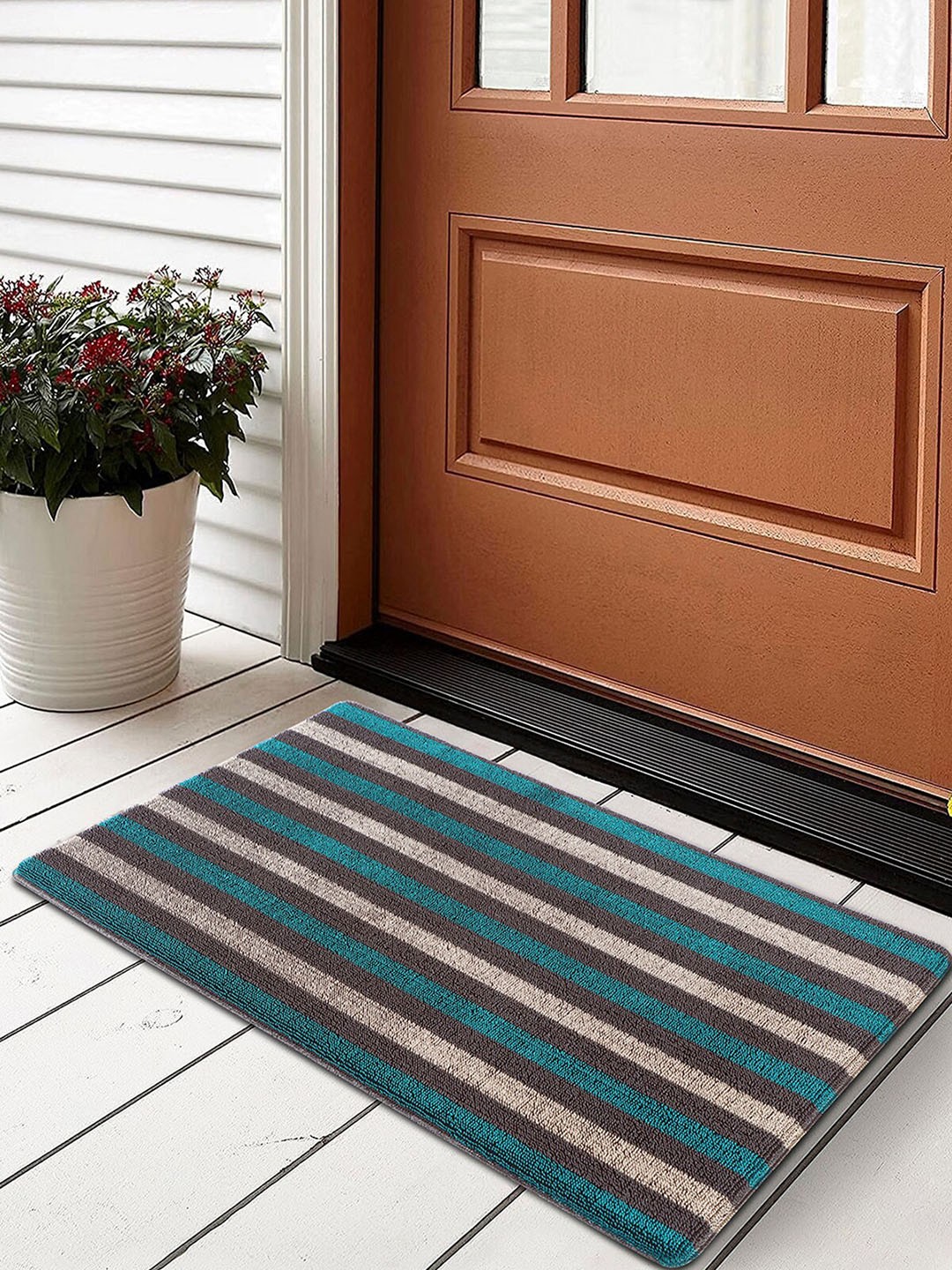 

OBSESSIONS Grey & Green Striped Anti-Skid Doormat