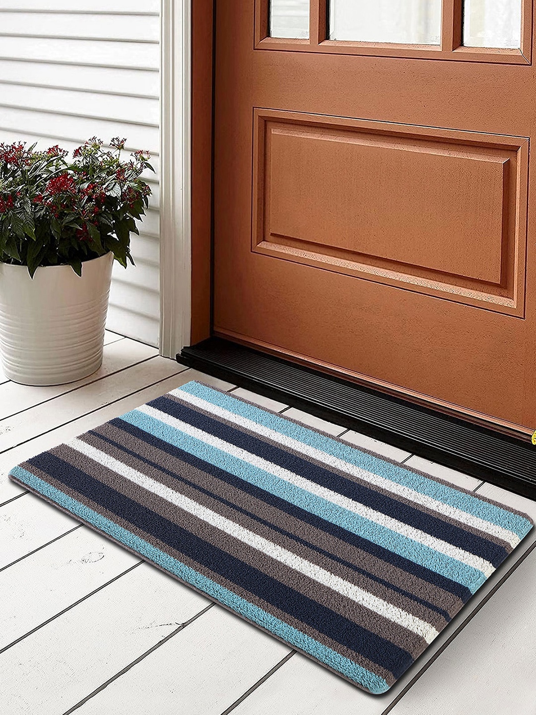 

OBSESSIONS Blue & Brown Striped Anti-Skid Doormat