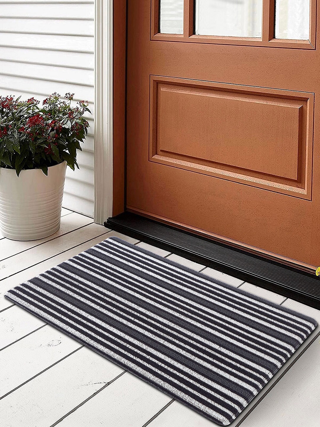 

OBSESSIONS Grey & White Striped Anti-Skid Doormat