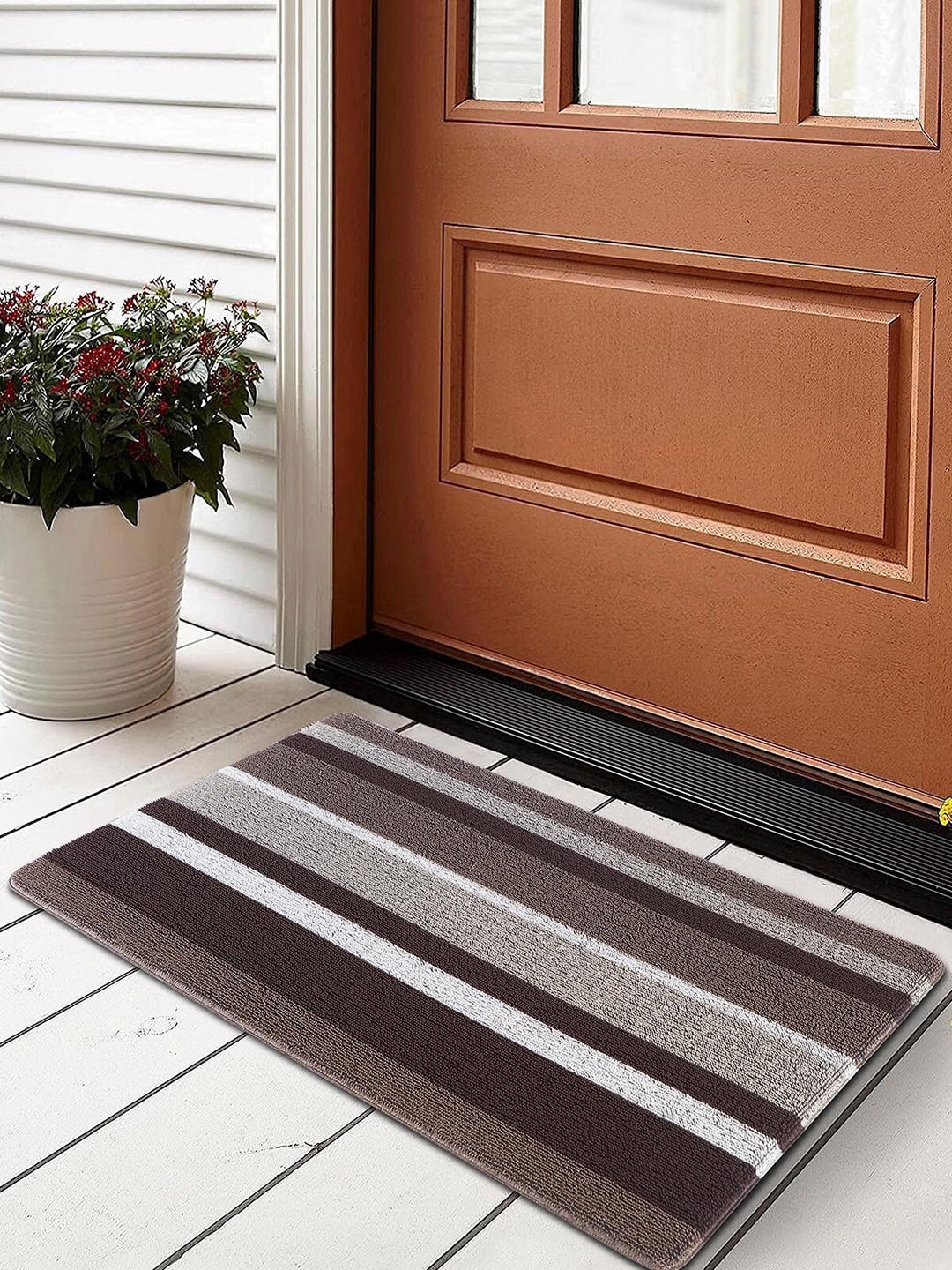 

OBSESSIONS Brown & Grey Striped Anti Skid Doormat